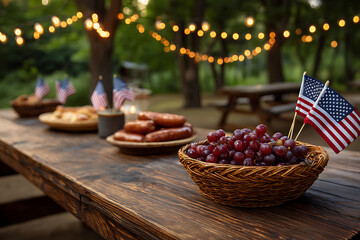 Rustic wooden table with patriotic feast and twinkling lights grapes sausages
