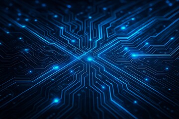 Obraz premium Abstract blue circuit board pathways with glowing nodes and data flow
