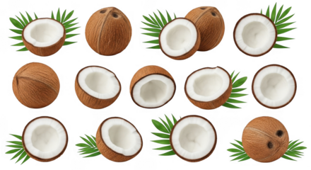Fresh Coconut Halves Surrounded by Tropical Green Leaves for Culinary and Beverage Use, isolated on a transparent background