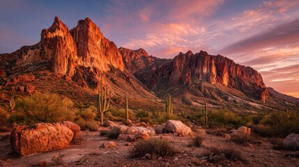 Golden hour illuminates rugged desert mountains and saguaro cacti under a painted sky
