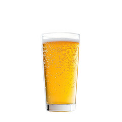 A tall glass filled with golden beer and a frothy head isolated on white background