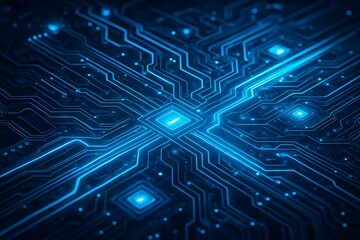 Fototapeta premium Abstract glowing blue circuit board pathways with a central illuminated processor