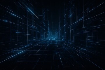 Obraz premium Abstract dark blue digital grid tunnel with glowing lines and perspective