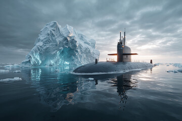 A partially surfaced submarine seen next to a melting iceberg in cold arctic waters.