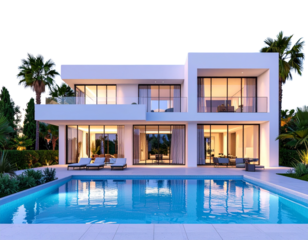 Modern Marbella Villa with Garden Pool, Front Angle View under Turquoise Sky, 3D Render