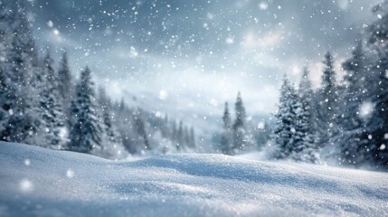 Gentle snowfall blankets a serene winter forest landscape with a foreground of sparkling snow