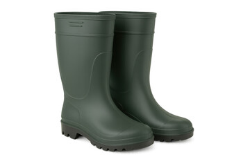 Green rubber boots standing on clean backdrop, highlighting waterproof design and durable construction for outdoor adventures