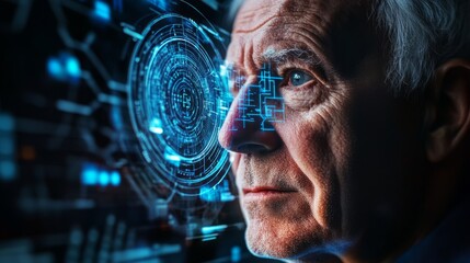 Elderly man with gray hair gazes intently at futuristic digital interface, showcasing advanced technology and data visualization, representing innovation and intelligence in modern society