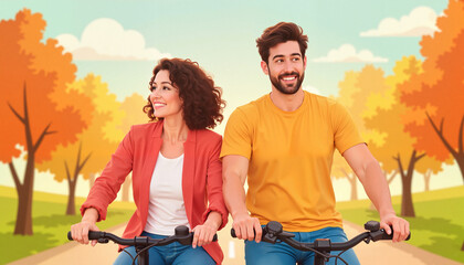 Young couple riding bicycles together in autumn park with trees  
