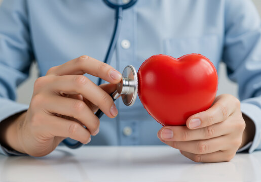 Man checks heartbeat with a stethoscope, holding a red heart-shaped exercise ball, symbolizing heart health awareness