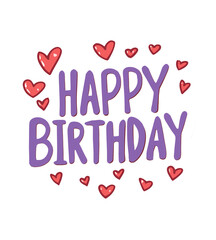 Cute Happy Birthday lettering illustration with small red hearts, ideal for greeting cards, invitations, party decorations, or social media posts, conveying joy and celebration in a playful style


