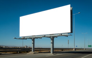 Obraz premium A large empty white billboard stands tall against a clear blue sky beside a highway ready for custom advertising