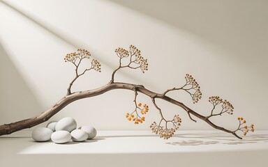 A minimalist composition featuring a weathered wooden branch with delicate dried seed pods and smooth white stones arranged on a neutral surface with soft light