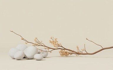 Minimalist composition of textured white spheres and delicate dried branches with small blossoms on a neutral beige background