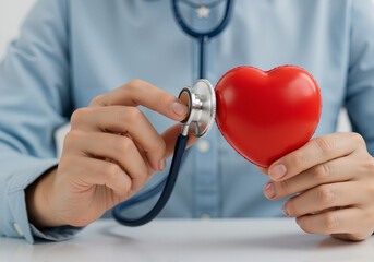 Man checks heartbeat with a stethoscope, holding a red heart-shaped exercise ball, symbolizing heart health awareness