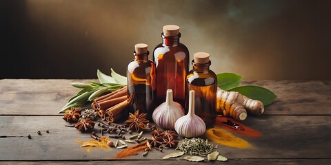 Aromatic collection of natural spices and essential oils in amber glass bottles on a rustic wooden table with garlic ginger and cinnamon sticks