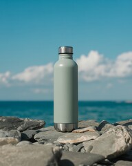 Durable reusable water bottle with stainless steel cap resting on natural grey rocks with a blurred ocean and sky background