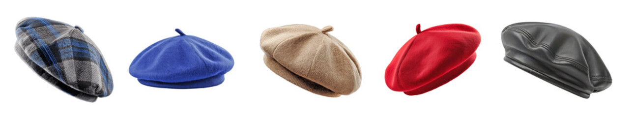 Collection of five stylish berets in plaid, blue, beige, red, and black leather on transparent background, fashion accessory set for apparel design, catalog, or mockup use