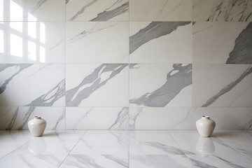 Two elegant white ceramic vases stand on a polished white marble floor reflecting light from a window against a marble tiled wall