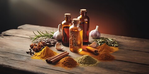 A rustic wooden table displays an assortment of aromatic spices including turmeric cinnamon star anise and peppercorns with garlic and herb sprigs alongside amber colored oils in glass bottles