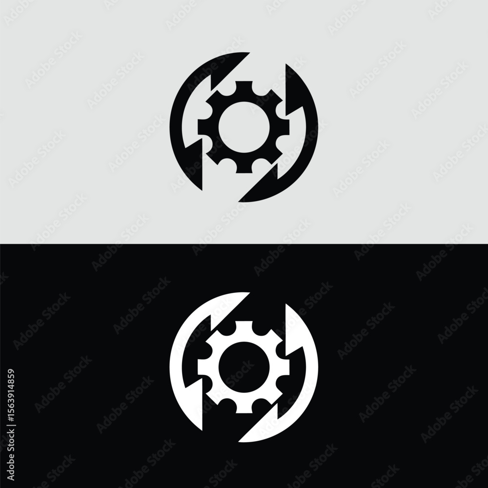Poster a black gear encircled by rotating arrows symbolizes continuous process and mechanical motion agains