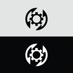 A black gear encircled by rotating arrows symbolizes continuous process and mechanical motion against a light gray and black contrasting background