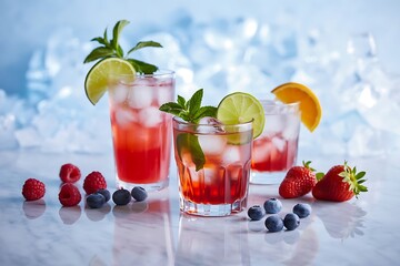 Three refreshing berry cocktails garnished with lime and mint sit on a marble surface surrounded by fresh fruits and ice