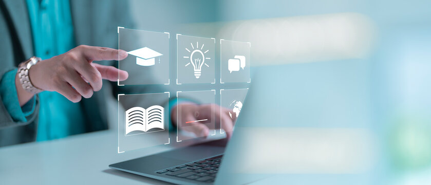 Concept of Online education. man use Online education training and e-learning webinar on internet for personal development and professional qualifications. Digital courses. back to school. studying.