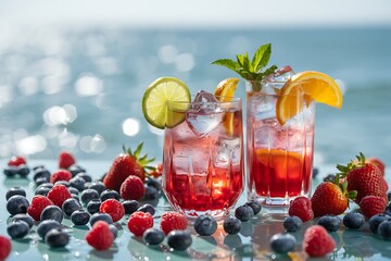 Refreshing red berry cocktails with fresh fruit garnishes and ice sit on a glass table with a blurred ocean background