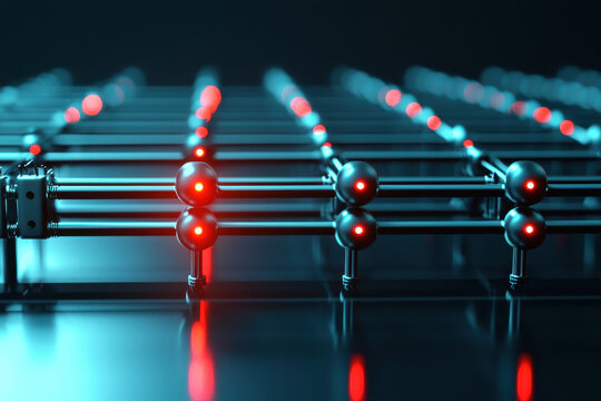 Complex lattice of metallic structures illuminated by red laser beams creates futuristic and captivating visual