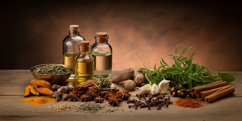 A curated selection of natural herbs spices and essential oils in glass bottles arranged on a rustic wooden surface for traditional medicine and aromatherapy