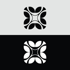 A geometric black floral pattern forms an abstract logo, symbolizing organic design and modern aesthetics on a light gray and black background