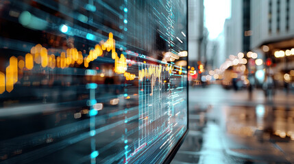 Digital financial display shows stock market trends and data in urban setting, reflecting dynamic nature of investment
