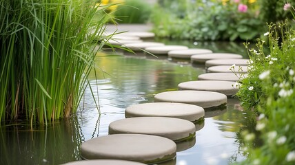 Zen stones perfectly reflect the summer sky in a tranquil park pond