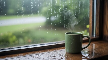 Steaming green mug of hot beverage sits on a wet wooden surface beside a window with raindrops on the glass