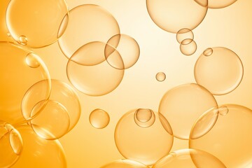 Abstract arrangement of translucent golden orange bubbles and spheres floating in a gradient background with soft lighting and reflections