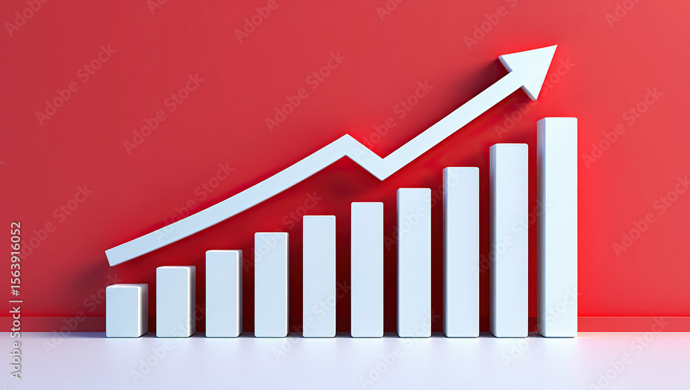 Poster dynamic white arrow ascending over a bar graph symbolizing upward trends and positive growth in busi