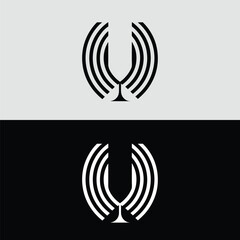 An abstract black and white logo design featuring a stylized wine glass with curved lines, isolated on a split gray and black background
