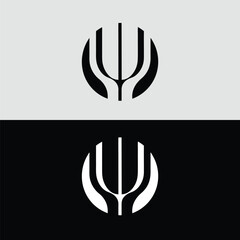 An abstract black and white logo design featuring a stylized trident shape, isolated on a split gray and black background