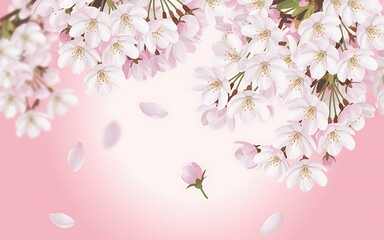 Delicate white cherry blossoms with pink accents and falling petals create a beautiful floral border against a soft pink gradient background