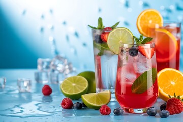 Refreshing summer cocktails with fresh berries lime mint and orange slices on a wet blue surface with ice cubes