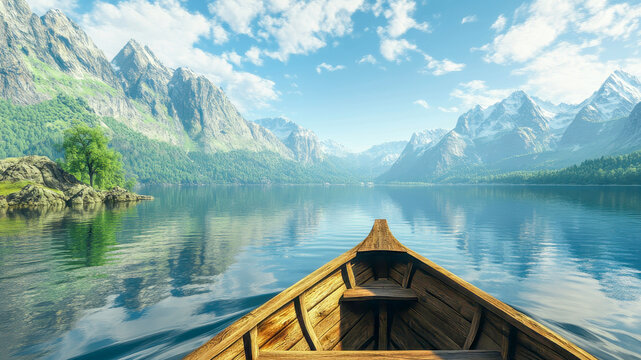A wooden rowboat glides gently on the calm waters of a mountain lake, surrounded by towering peaks and lush forests. The day is tranquil, inviting peace and solitude in nature