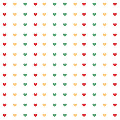 Minimalist heart-shaped seamless pattern in red, mint green, and pastel yellow. Perfect for fabric, gift wrap, invitations, scrapbooking, packaging, and many other design projects.