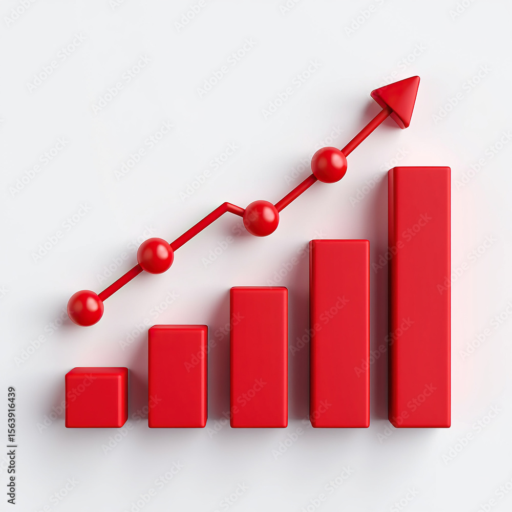 Poster upward trajectory: a dynamic bar graph with ascending red line and spheres, illustrating growth, pro