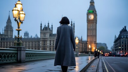 A solitary woman in a long coat walks across westminster bridge towards the iconic big ben clock tower in london at dusk