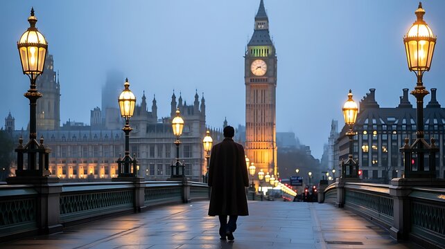 A lone figure walks across westminster bridge towards the iconic big ben clock tower on a misty london evening illuminated by gas lamps