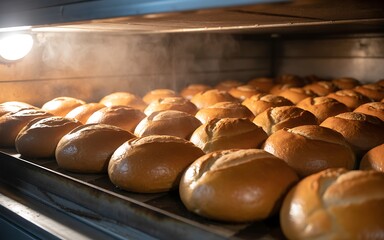 Freshly baked golden brown kaiser rolls steaming inside a commercial oven on a metal rack with warm inviting light