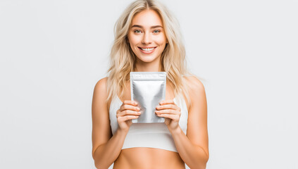 Smiling blonde woman in a white sports top holding a silver pouch.