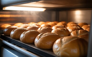Freshly baked golden brown bread rolls cooling on a metal rack inside a commercial oven with visible steam rising