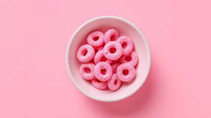 Bowl of vibrant pink cereal loops on a matching pink background with strong shadow.
